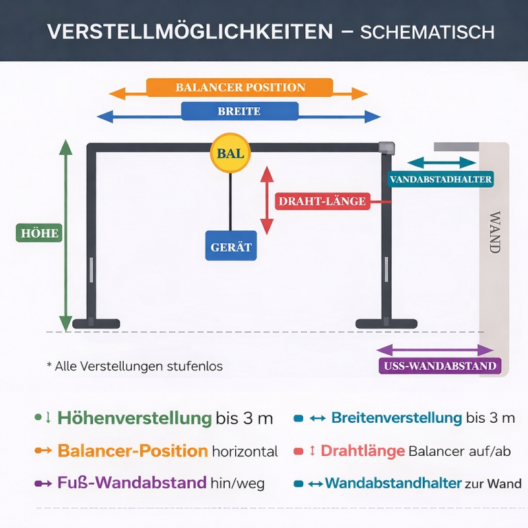 BalanToolce Balancer System – Verstellmöglichkeiten und Einstellungen Schematische Darstellung der Verstellmöglichkeiten des BalanToolce Balancer-Systems für schwere Handgeräte – Höhenverstellung, Breitenverste