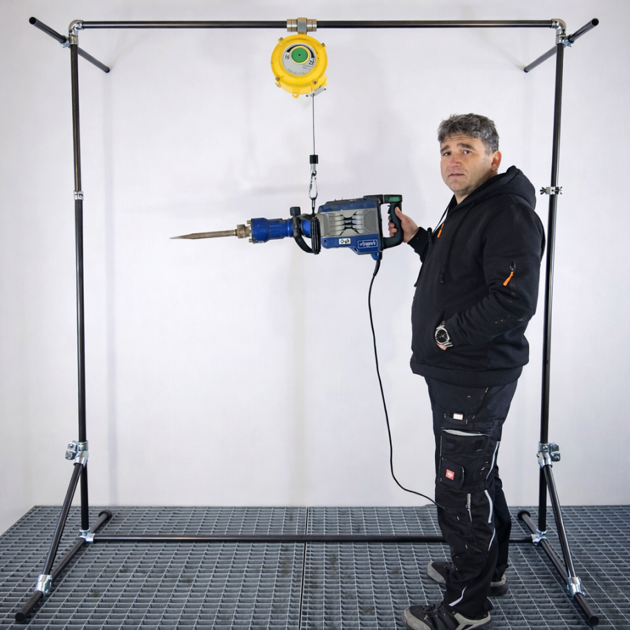 BalanToolce Balancer für schwere Handgeräte auf Baustellen Ergonomisches Balancer-System für schwere Handgeräte bis 25 kg – Bauarbeiter nutzt Abbruchhammer mit BalanToolce Tragvorrichtung